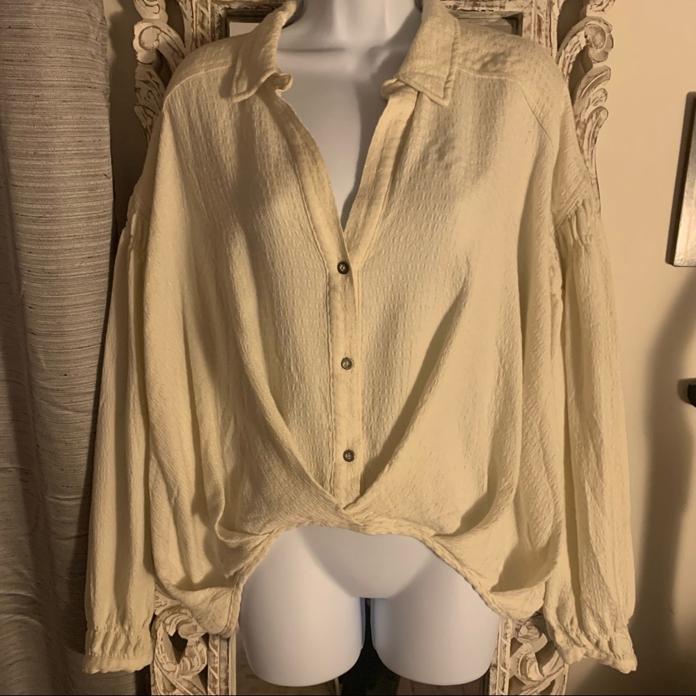 Free People Cream Button-Front Textured Blouse